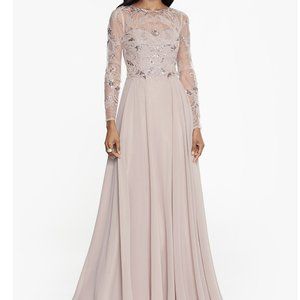Mesh-Sleeve Embellished Taupe Gown 4 Petite